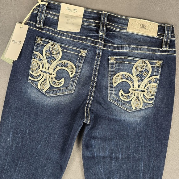 Miss Me Jeans Womens 30x32 Mid-Rise Bootcut Embroidered Fleur De Lis Pockets - Picture 1 of 16